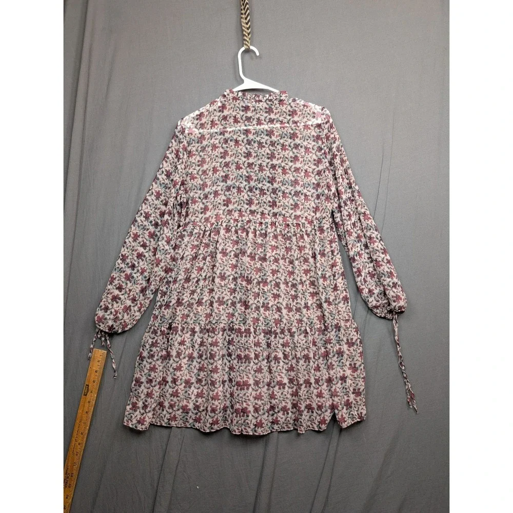 Zara Boho Printed Mini Dress Black Lace Bib Long Sleeve Pink/Burgundy Size Small